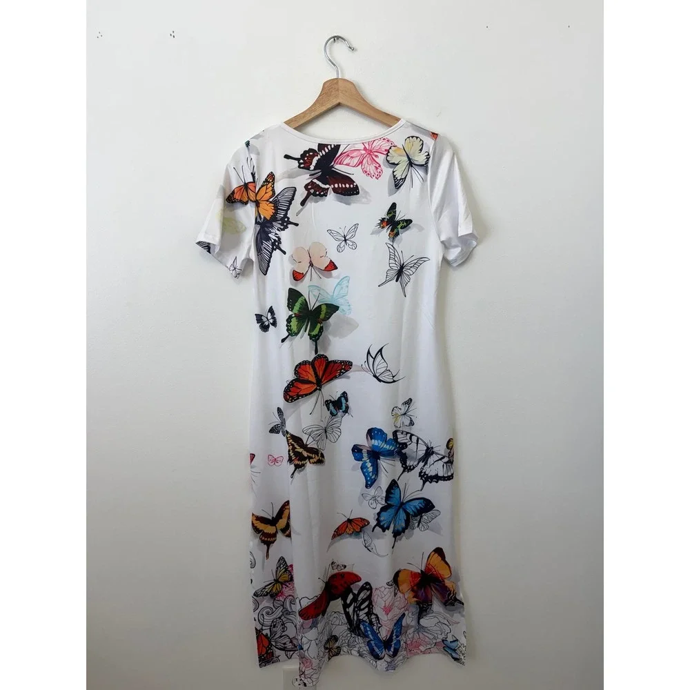 Women's White Dress with Butterfly Print & Side Slits – Size Small – NWOT - Picture 5 of 6